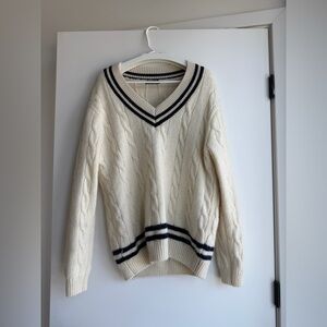 Brandy Melville Cream V-Neck Sweater with Blue Stripes